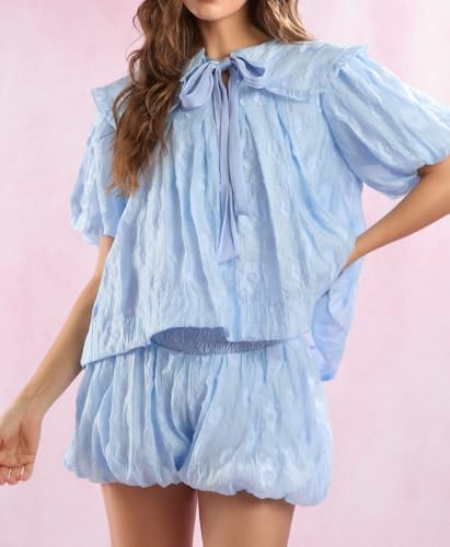 Image of ROAONOCOMO Women Floral Pajama Set Ruffle Puff Sleeve Peplum Shirt Coquette Pj Set Bow Babydoll 2 Piece Shorts Outfit