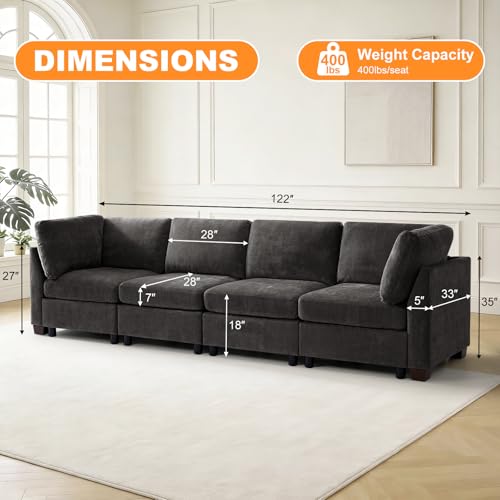 Image of TEKAMON 122 inch Modern Sofa Modular Sectional Couch, 4-Seat Chenille Deep Seat Sofa for Living Room, Bedroom and Apartment, Dark Grey