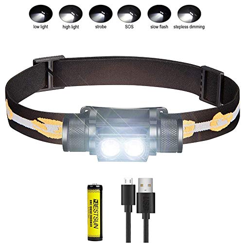 Lampe frontale à LED Recharegable, Super brillant XM-L2 2000 Lumen Lampe frontale à LED étanche à intensité variable 6 modes Phare USB pour camping randonnée