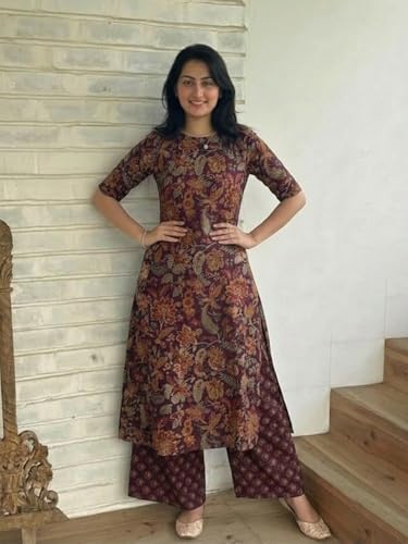 Image of ANNI Designer Women's Viscose Blend Straight Printed Kurta with Palazzo | Elbow Length Sleeve Kurti Set | Close Neck with Back Slit | Soft Comfortable Fabric | 2 Piece Outfit