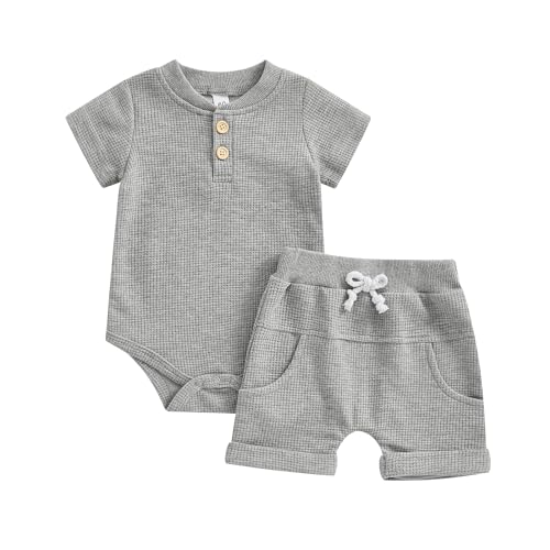 Image of Kuriozud Newborn Baby Boy Summer Clothes Button Short Sleeve Romper Bodysuit Shorts Set Infant Soft Waffle Outfit
