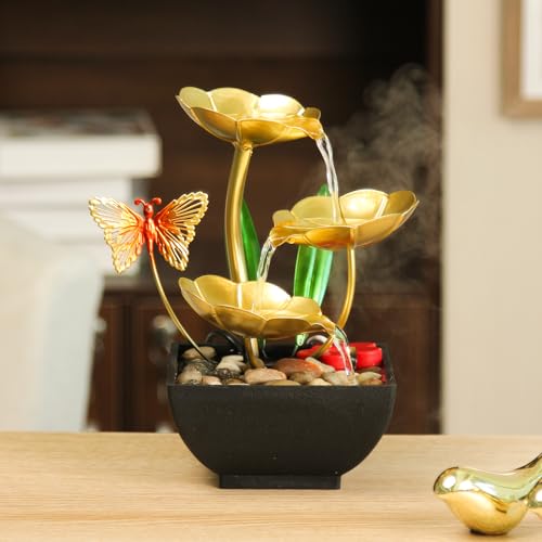 TiCin USB Powered 3-tier Tabletop Fountain Humidifier with Natural Rocks and LED Lights, Tabletop Humidifier, Decorative Humidifier for Bedroom (Yellow)