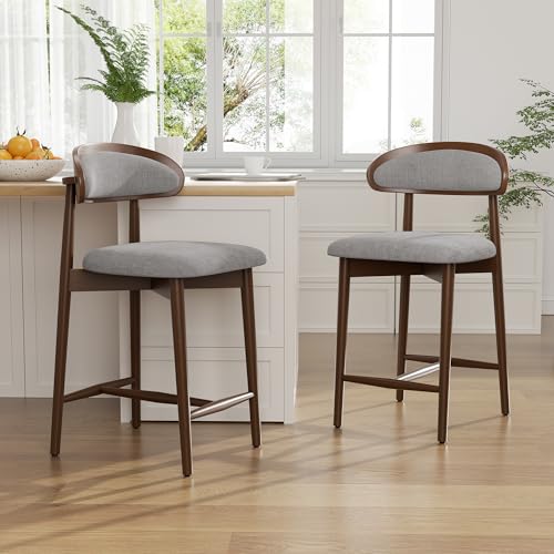 Image of Counter Height Bar Stools Set of 2, Upholstered Kitchen Bar Stools with Back, Mid Century Modern Counter Stools with Wood Legs for Kitchen Island Dining Room Bar, Khaki