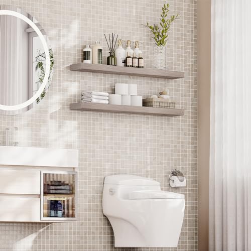 Image of HOOBRO Floating Shelves for Wall, Wall Mounted Shelf Set of 2, 47.2 inch Hanging Shelf with Invisible Brackets, for Wall Decor Storage in Bathroom Bedroom Kitchen Living Room Office, Greige BG120BJP201