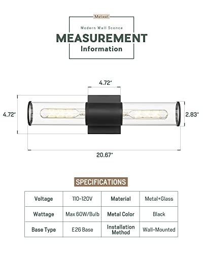 Image of Black Vanity Light Set of 2, 2 Light Modern Bathroom Light Fixtures Over Mirror with Clear Glass Shade, Up and Down Indoor Wall Sconce for Bathroom Bedroom Hallway, VL834-MB-2PK