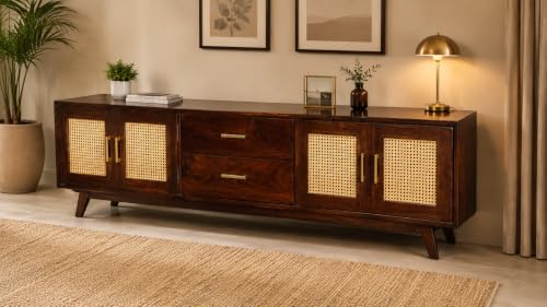 Image of Space Galaxy Solid Sheesham Wood TV Unit with Cane Rattan Doors | 4 Door Entertainment Cabinet with 2 Drawers | Wooden Media Console & Storage Stand for Living Room, Bedroom & Home | Walnut Finish