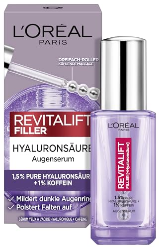 L'Oréal Paris Augenserum für Frauen: sorgt für eine aufgepolsterte Augenpartie und weniger dunkle Augenringemit 2,5% [Hyaluronsäure+Koffein], Revitalift Filler, 1x 20ml