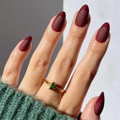 CUZIAM Red French Press on Nails Short Almond - Dark Red Nails with...