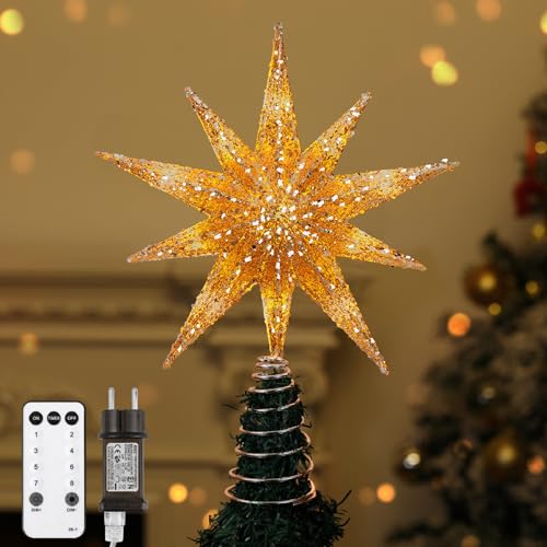 Lewondr Estrela para Árvore de Natal, Estrela Natalícia de 10 Pontas Iluminada de 33 cm com Ligação e Controlo Remoto para Decoração Natalícia, Temporizador de 6H e 8 Modos de Iluminação, Luz Cálida