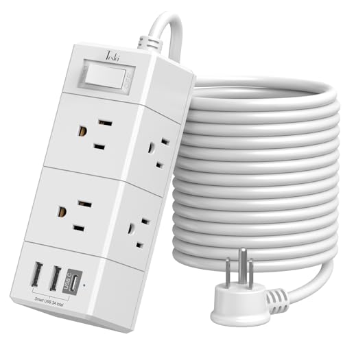 15Ft Extension Cord Flat Plug Power Strip - Tcstei 3-Side Outlet Extender with 6 AC Outlets and 3 USB Ports (1 USB C) Compact for Home Office Dorm Room Essentials White