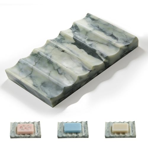 Marble Soap Dish, Draining Soap Dish - Rectangular Lotus Green with Natural Stone Texture, Non-Slip...
