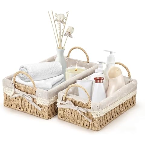 Decorative Storage Baskets, Flymer Round Paper Rope Storage Basket with Handle, Rectangular Wicker Baskets Bathroom Baskets for Organizing, Set of 2 Cover