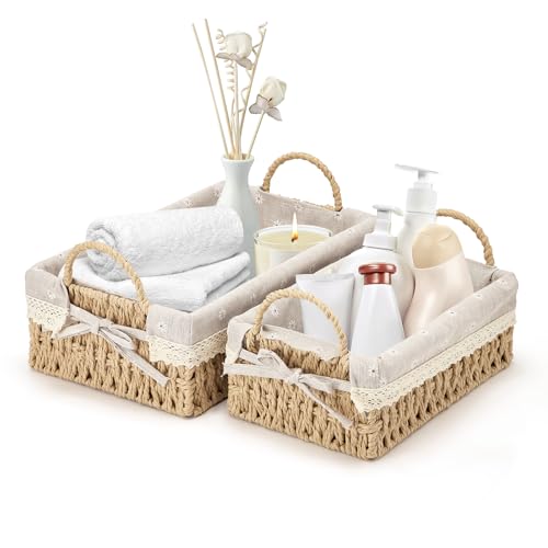 Decorative Storage Baskets, Flymer Round Paper Rope Storage Basket with Handle, Rectangular Wicker Baskets Bathroom Baskets for Organizing, Set of 2