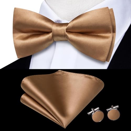 Image of Hi-Tie 5Pcs Mens Solid Color Silk Tie Satin Pretied Bowtie Lapel Pin for Men Handkerchief Cufflink Wedding Gift Box