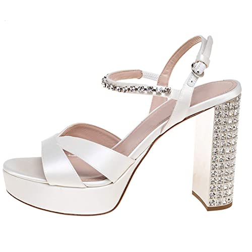 Vertundy Women's Platform Chunky Sandals Satin Crystal Sparkly High Heels Square Open Toe Ankle Strap Buckles Pumps for Wedding Party