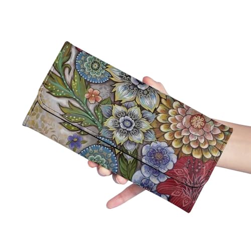 Image of AFPANQZ Bright Boho Flower Wallet Womens Clutch Long Wallets Leather Trifold Long Wallet Card Holder Slots Wallet Leather Long Wallet Ladies Travel Purses with Phone Holder Zip Coin Pocket