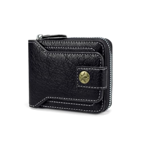 Image of Men Wallet, Vintage PU Leather Multi-Card Zipper Wallet with 8 Card Slots and Coin Pocket Large Capacity Buckle Credit Card Holder Wallet with Zipper (C, Black)