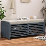 Polibi 43.3' Shoe Storage Bench with Padded Seat Cushion and 2 Sliding Distressed Shutter Doors, Entryway Shoes Bench Storage Ottoman for Living Room, Navy