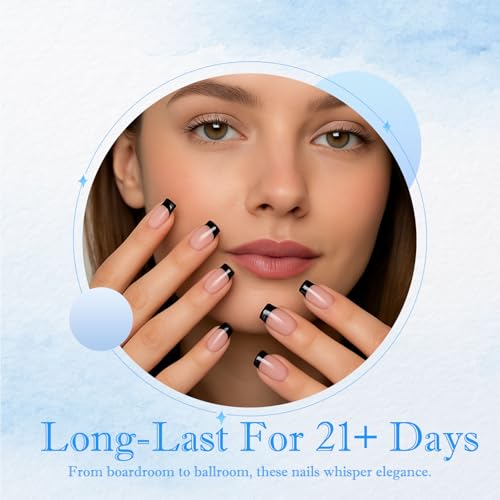 24PCS Short Square False Nails French Tip Press on Nails with Black Line Design, Nude Pink Stick on for Women, Includes Jelly Adhesive Tabs, Removable Elegant Fake for Daily or Special Occasions - Image 4