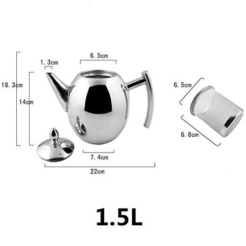 OnePine 1.5 L Teekrug Edelstahl teekanne mit Siebeinsatz,Edelstahl Kaffeekanne Kein Magnet Oliven-Kaffeekanne Teekanne mit sieb (Silber) – Bild 3