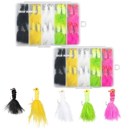 QUA'ANNYU Marabou Feather Ice Fishing Jigs 40pc | 1/8oz 1/16oz 1/32oz Crappie Jig Heads | Hand-Tied Fly Lures for Panfish, Sunfish, Walleye