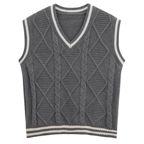 Image of Blostirno Women's V Neck Sweaters Vest Trendy Cable Ribbed Sleeveless Knit Striped Pullover Sweaters Tops