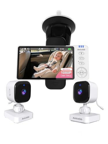 Anicebb Wireless Baby Car Camera with 2 Cameras 1080P Night Vision Auto On/Off - Dual Portable Baby Car Monitor 8 Lullabies No-Glow IR Night Vision for Infants & Pets