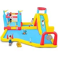 WELLFUNTIME Inflatable Water Slides Park with Blower, Bouncy Castle with Climbing Wall, Dual Water Cannons, Dual Basketball Hoop, Dartboard, Ring Throw, Deep Pool