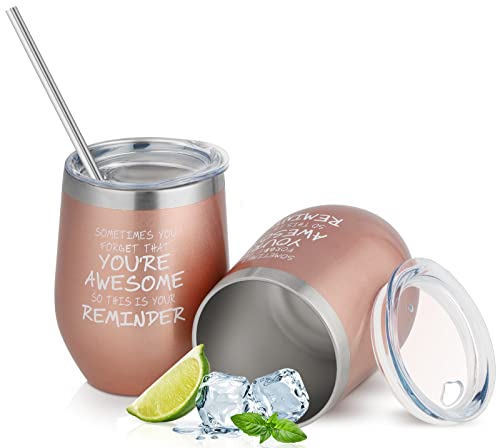 Vaso de vino de acero inoxidable, termo de acero inoxidable, con pajita y tapa, doble aislamiento al vacío, duradero, para vino, cerveza, café, champán, cócteles (oro rosa) Cover