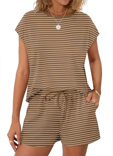 Image of WIHOLL Two Piece Sets for Women Summer Crew Neck Lounge Short Sets Cap Sleeve Drawstring Sweatsuit with Pocket
