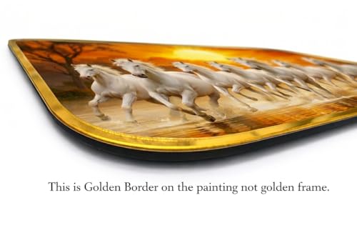 Image of BerryBox 7 Running White Horses Vastu Painting with Golden Border 11x17 Inch | Auspicious White Horse Wall Art Frame for Living Room Bedroom Office | Running 7 Horses Success Wealth Vastu Artwork Home Decor