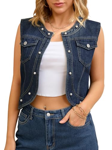 Women's Plus Size Denim Vest Collarless Cardigan Chest Pockets Decor Pearl Sleeveless Jean Jackets