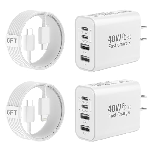 40W USB C Charger Block, 4-Port Type C Fast Charging Block Dual PD&QC Wall Plug Power Adapter with USB C to C Charging Cables for iPhone 15/15 Pro/ 15 Pro Max/14/13/12, Samsung Galaxy S24 Series