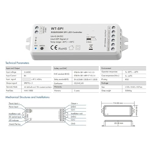 Controlador LED SPI WT-SPI regulable de 5V a 24V para tiras de luces píxel 3