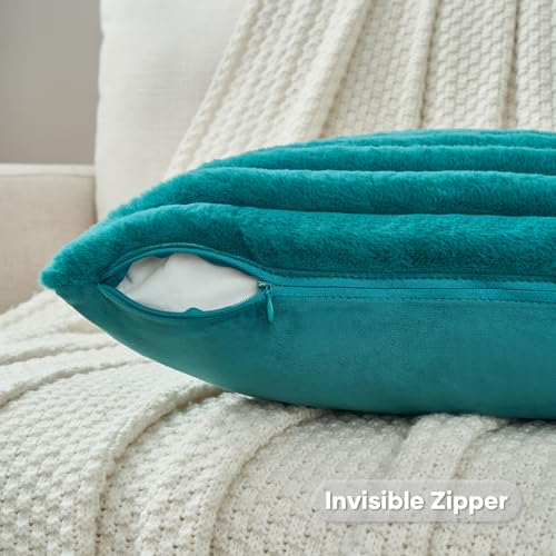 FUTEI Teal Green Striped Decorative Throw Pillow Covers 18x18 Inch Set of 2,Square Fall Decorations Couch Pillow Case,Soft Cozy Faux Rabbit Fur & Velvet Back,Modern Home Decor for Bed