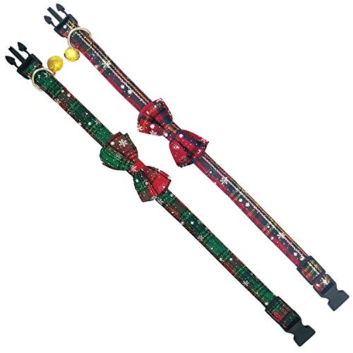 Image of 2 Pack /Set Christmas Snowflake Dog Collars Breakaway with Bow Tie and Bells for Cat and Small /Medium /Large Pets, Red & Green (L(14.2''-21.7''), Red+Green)
