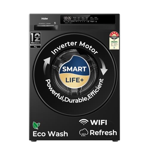 Haier 7 Kg AI One Touch, AI Smart Wash (AI-DBT), PuriSteam, 525mm Super Drum Fully Automatic Front Load Washing Machine with In-Built Heater, WI-FI,Bl