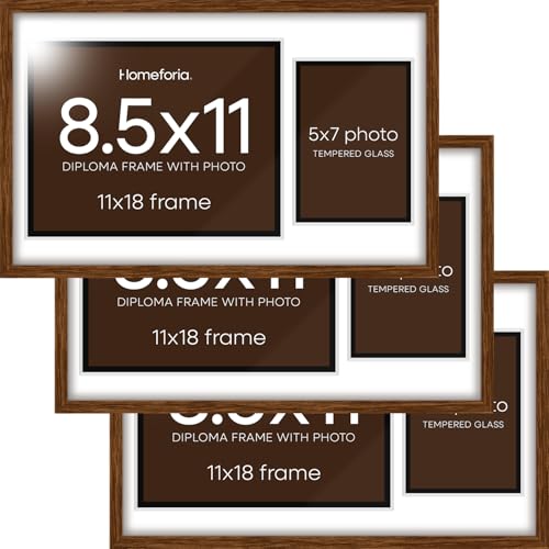 Image of Homeforia 11x18 Brown Diploma Frame with Photo, High End Oak 11 x 18 Certificate Wood Frame with Mat 8.5 x 11 Diploma and 5x7 Picture, Walnut Wooden Document Frames, Tempered Glass, Wall Kit, Set of 2