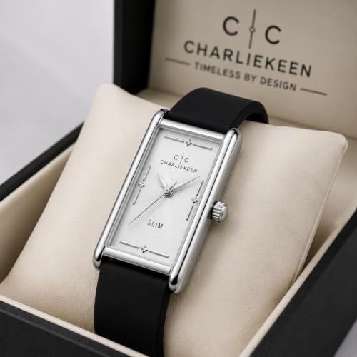 Image of CHARLIEKEEN Slim Rectangular Mens Analog Watch, Silver, Black, Silver | SILICONE STRAP