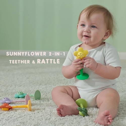 Image of Baby Teething Toys, Teether and Rattle 2-in-1 for Babies 0-6 Months, Food Grade Silicone Teethers for Baies 3-6 6-12 Months, Infant Teething Relief Chew Toys, Sunnyflower Teether Toy BPA Free - Blue