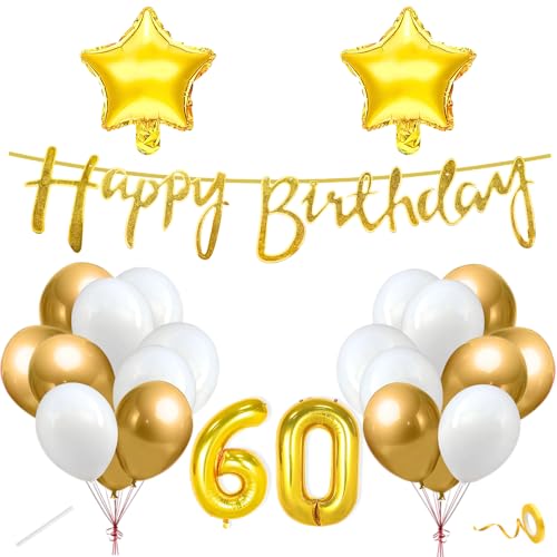Image of Flyloons 60th Happy Birthday Decoration Kit Gold White for Boys Girls Men Women Adults With 20 Pcs Chrome Balloons Birthday Banner 2 Pcs Star Items Set Golden
