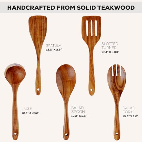 Image of Zulay Kitchen Extra-Large 5-Piece Wooden Spoon Set - Smooth Teak Cooking Utensils - Comfort-Grip Non-Stick Turner, Spatula, Skimmer, Fork, Serving Spoon