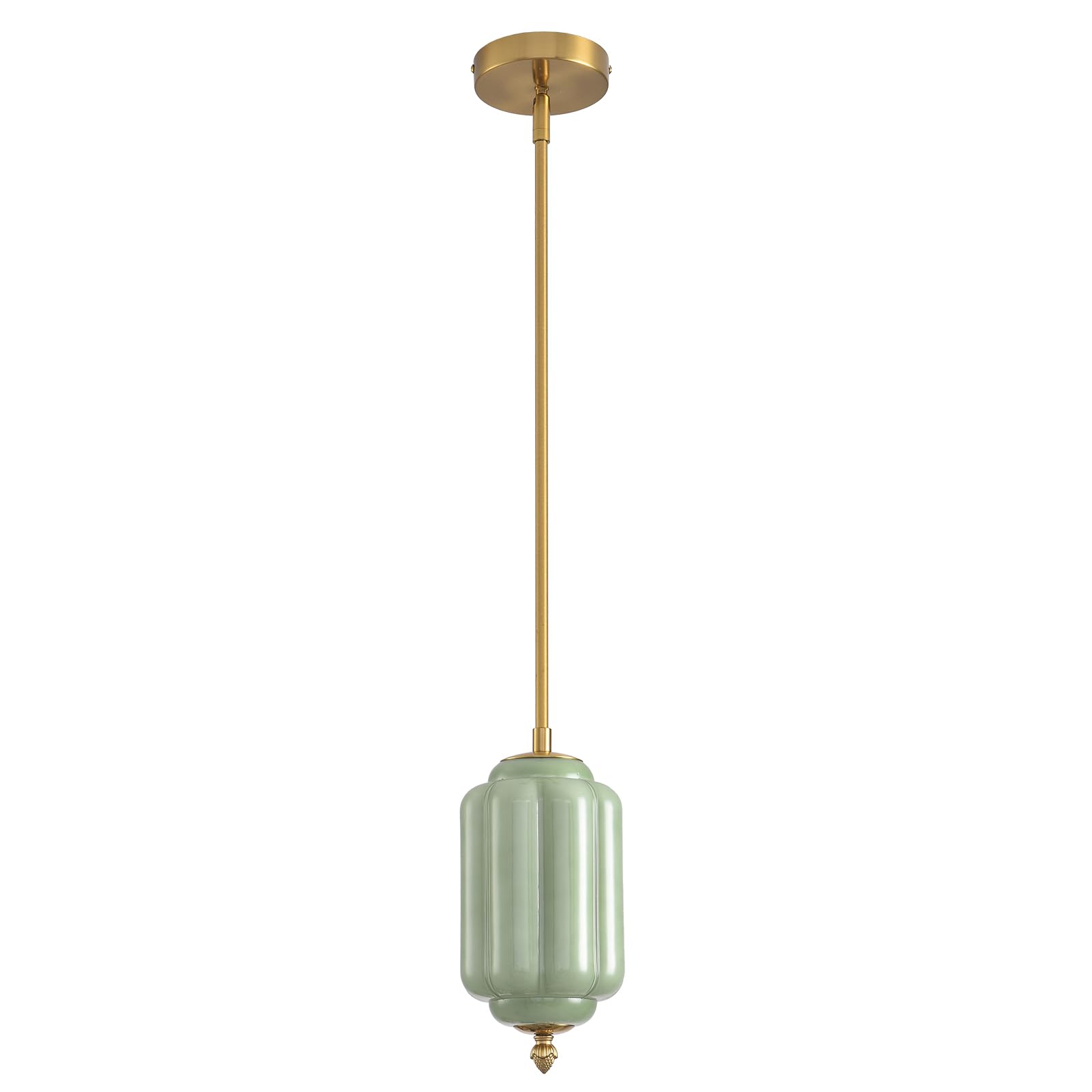 Vintage Green Glass Pendant Lights 5.5 Inch Mid Century Brass Hanging Ceiling Light, Small Adjustable Height Kitchen Island Hanging Lights for Dining Room, Kitchen, Hallway and Bedroom, E12 Base