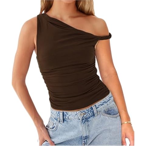 Off One Shoulder Twist y2k Ruched Asymmetrical Crop Tank top Women Summer 2024 Sleeveless Double Lined Fairy Trendy Party Date Night Cute Going Out Backless Fitted Rave Club Outfit Tshirt XS Brown Cover