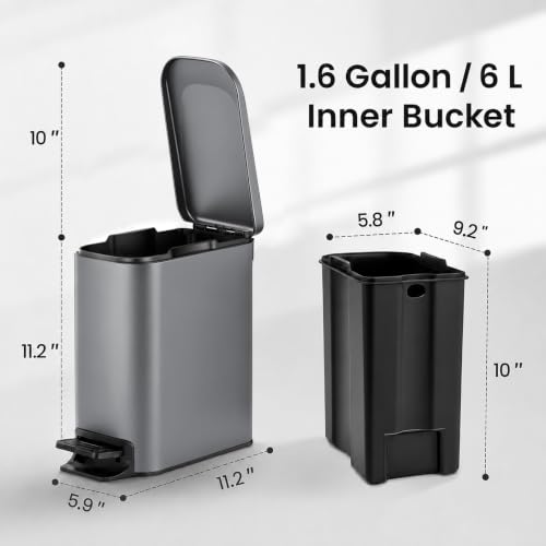Image of TIPGO Small Bathroom Trash Can with Lid, 1.6 Gal, Soft Close, Grey | Foot Pedal, Soft Quiet Lid, 5.9'' Slim for Narrow Space, Stainless Steel, Anti-fingerprint, Removable Inner Bucket, Odor Seal