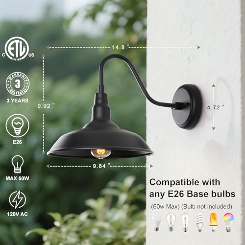 Image of Black Gooseneck Barn Light for Farmhouse 10 Inch Dome Exterior Lights Fixture with Wall Mount, Outdoor Wall Sconce for Garage Porch Patio