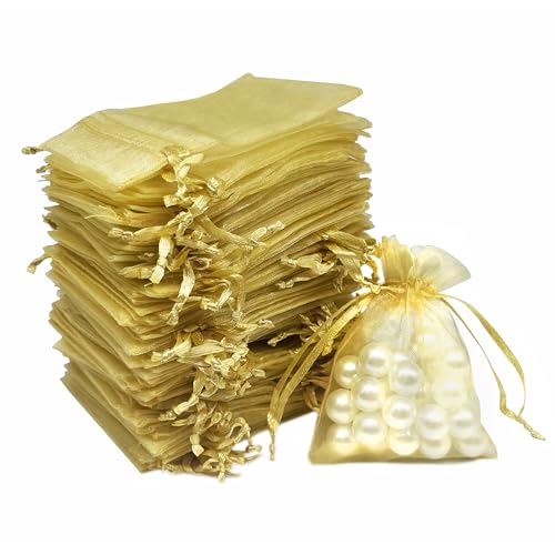 Image of Organza Bags 2.8 inchx3.6 inch, 100Pcs Small Mesh Drawstring Pouches | Gold Organza Bags for Jewelry, Candy, Party Favors, Small Sachet Wrap, Storage Supplies
