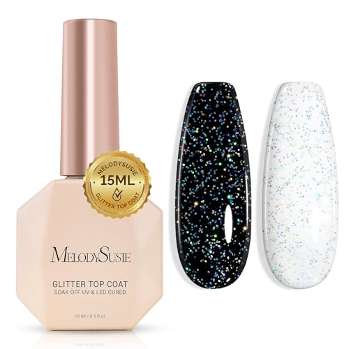 MelodySusie Glitter Gel Top Coat- No Wipe Reflective Iridescent Glitter Top Coat High Gloss Shine Finish Long Lasting Top Gel Nail Decoration for Home DIY and Nail Salon Gift for Women 0.5fl oz