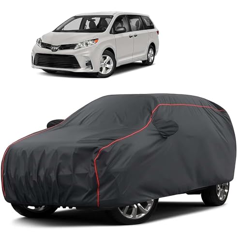 Image of Sulfar 100% Water Resistant Car Body Cover Compatible with Mirror for Toyota Sienna (Triple Stitched, Full Bottom Elastic, Dark Grey Taffeta with Red Piping)