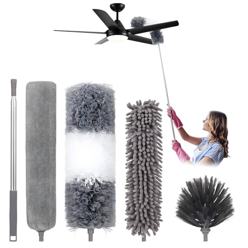 Image of HAMEINY Microfiber Feather Duster for Cleaning 5-in-1 Kit 100 inch Extendable | Furniture Dusters with Extension Pole 100 Inches High Ceiling Fan Dusters Cobweb Duster for Car Wall Blinds Cleaning Dusting